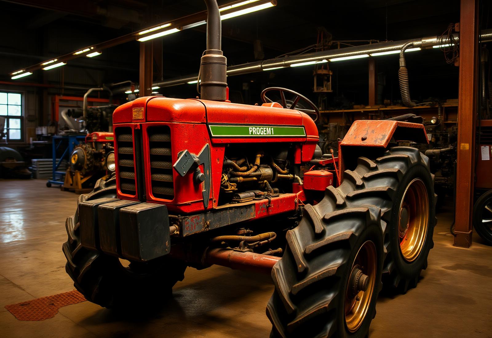 Trator agrícola robusto em ambiente de oficina com peças mecânicas ao fundo